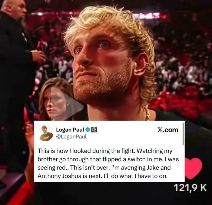 Close-up of Logan Paul at fight with tweet about avenging brother and upcoming fight