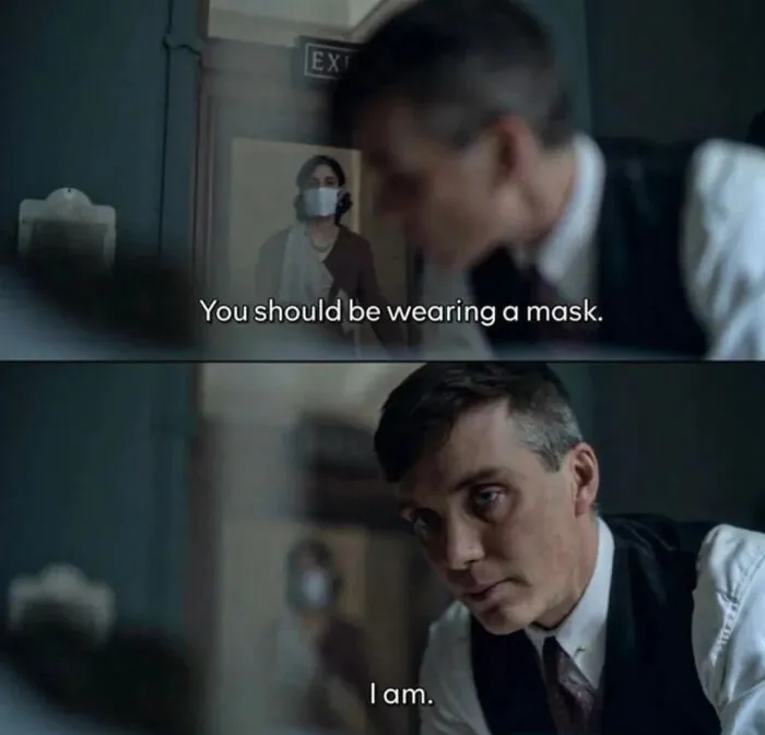 Man in vest tells woman to wear a mask in tense movie scene with subtitles