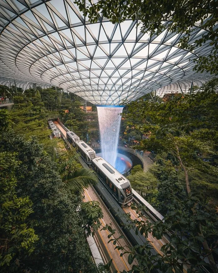 Changi Airport Skytrain Tracks Next To The Rain Vortex In Jewel Changi Airport, Singapore