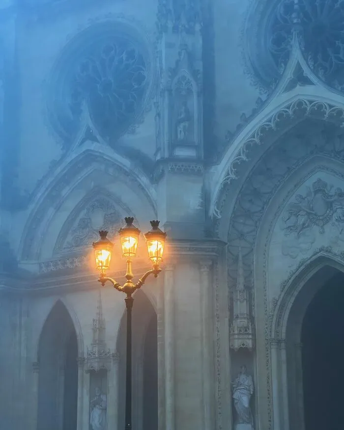 Mysterious gothic architecture shrouded in mist, with a glowing street lamp illuminating the intricate facade.
