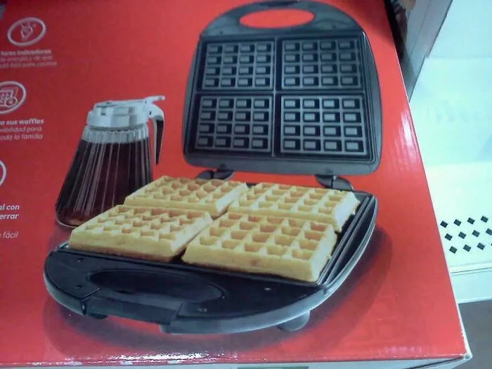 Waffle iron fail with waffles broken and mismatched, illustrating one job fails and common sense mistakes.