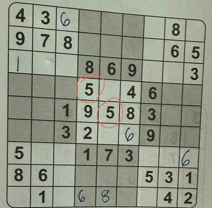 Sudoku puzzle mistake with repeated number 5 circled in red, illustrating a common sense fail and you had one job error.