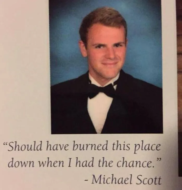 Senior yearbook photo of a student paired with a wild yearbook quote showcasing humor and boldness.
