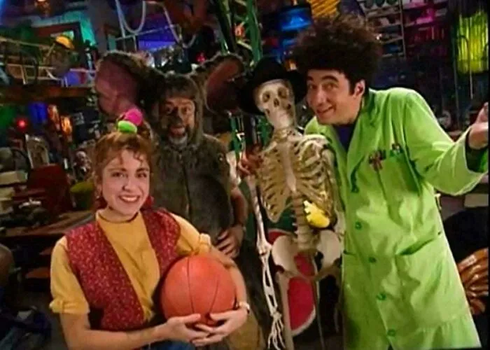 Cast from a classic ’90s kids’ show posing with a basketball and skeleton, evoking funny ’90s childhood memories and memes.