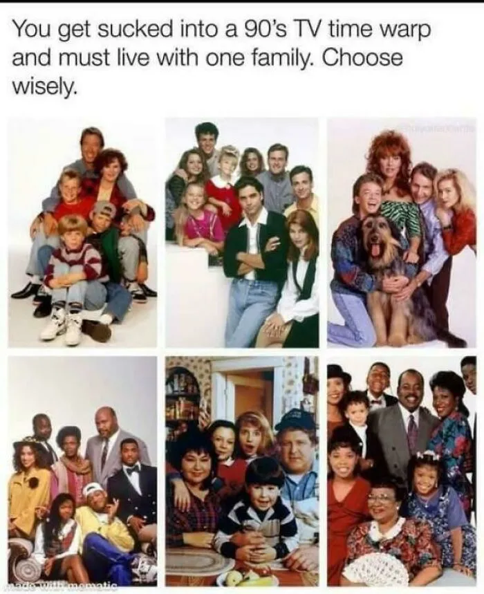 Collage of popular 90s TV family cast photos inviting viewers to choose a family in a 90s time warp.