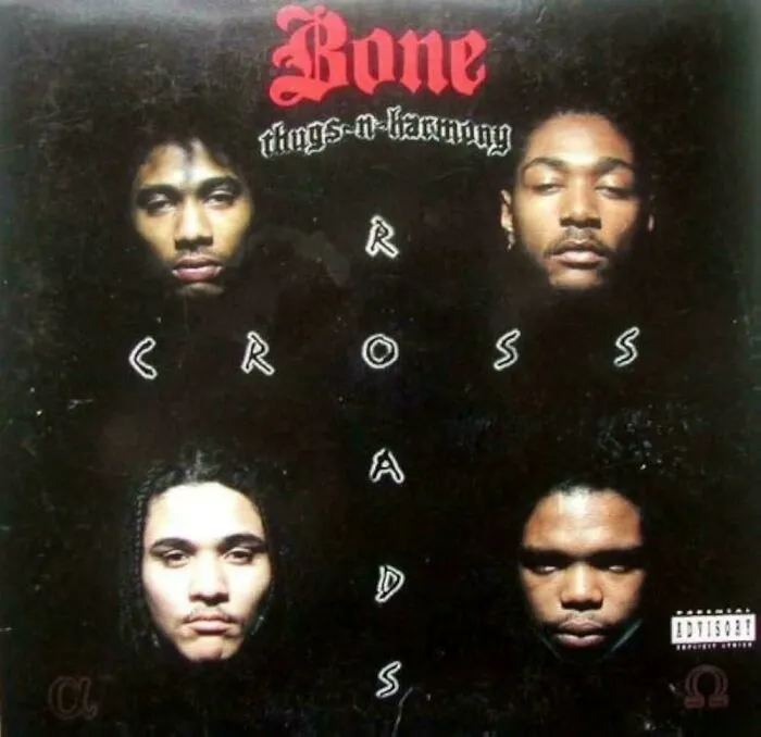 Bone Thugs-n-Harmony album cover featuring band members in a dark background, classic 90s hip hop style memory