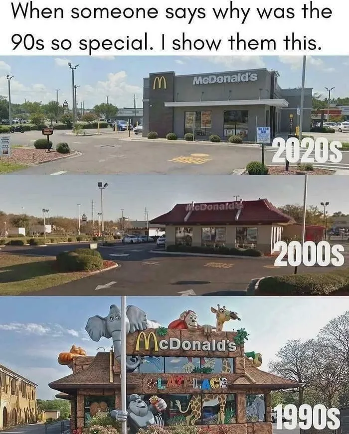 Evolution of McDonald's restaurants from the colorful 90s to the simpler 2000s and modern 2020s, 90s childhood memories.