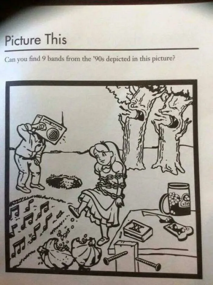 Cartoon puzzle showing a girl tied up and a person with a boombox, featuring 90s bands and memes from childhood memories.