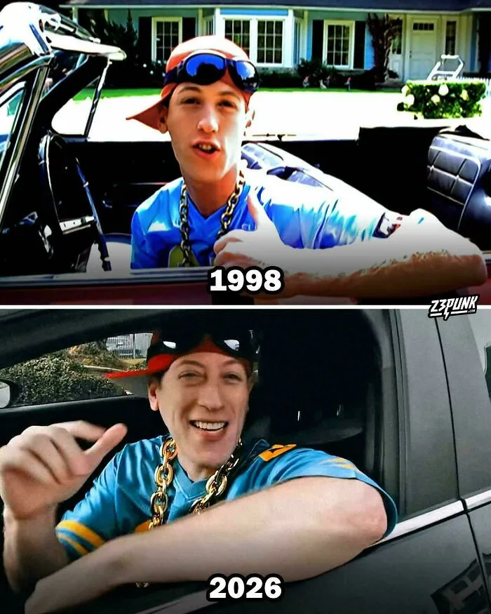 Side-by-side images showing a man in 1998 and 2026 wearing similar ’90s style clothes and accessories.