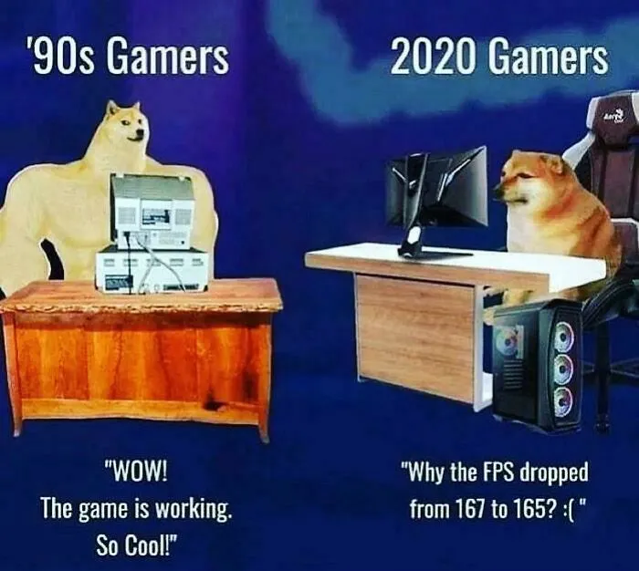 Comparison of ’90s gamers and 2020 gamers using funny memes to jog childhood memories of gaming evolution.