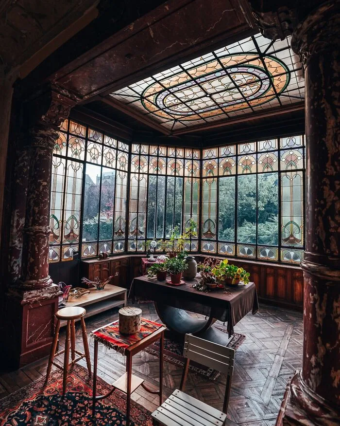 Winter Garden Room With Stained Glass Windows In The 1908 Art Nouveau Maison Des Médecins, Charleroi, Wallonia, Belgium