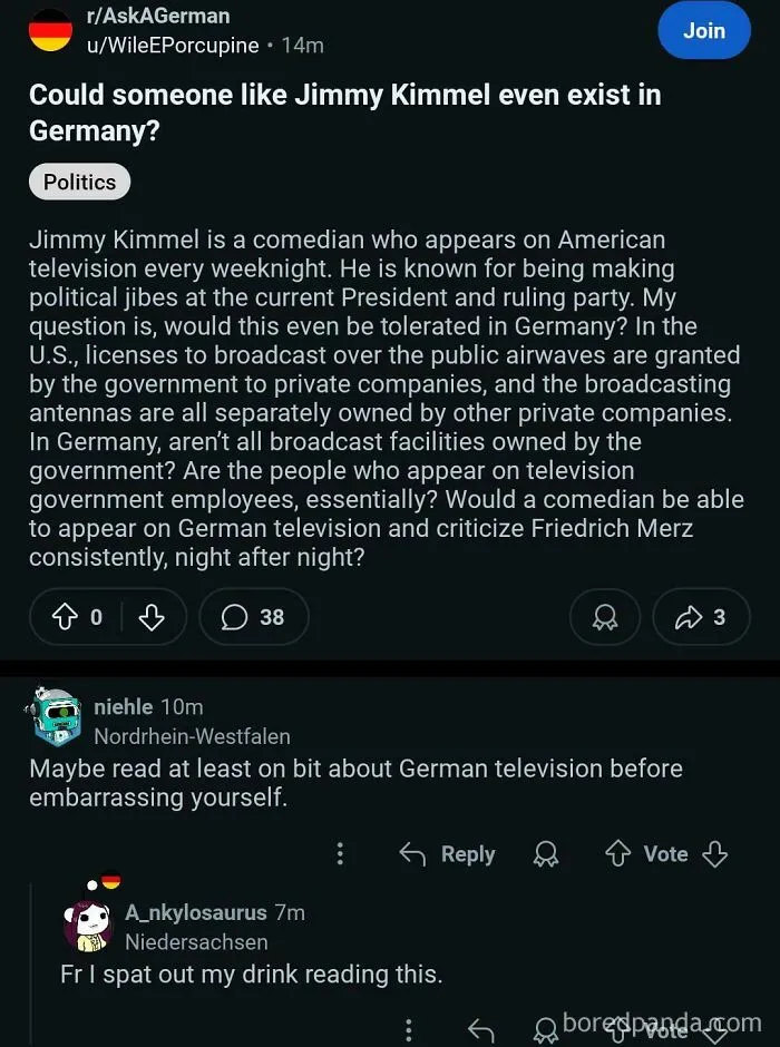 Screenshot of an online post where Americans confidently posted clueless questions about German TV censorship.