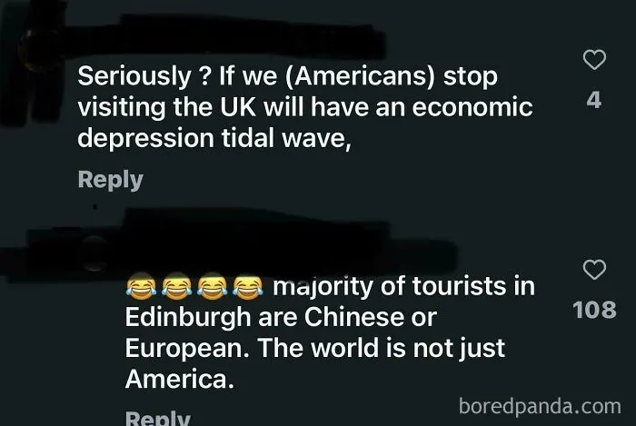 Comment thread about Americans confidently asserting their tourism dominates the UK economy.