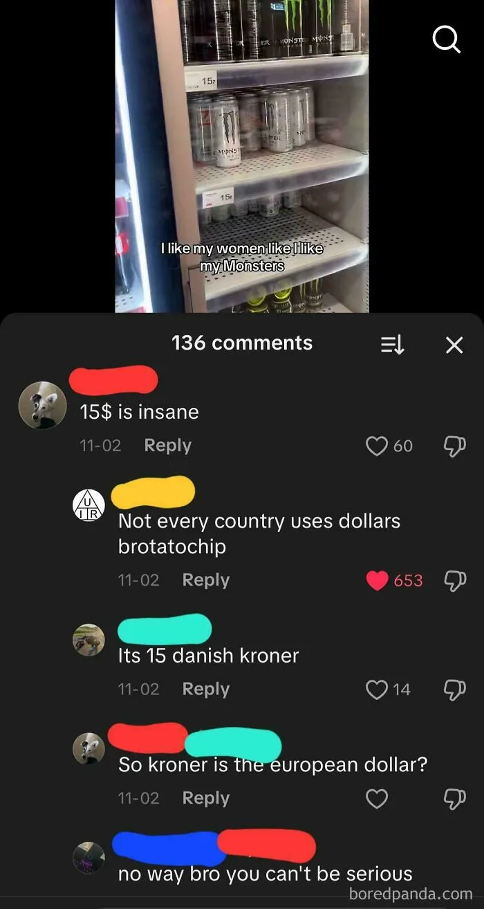 TikTok comments where an American user asks if Danish kroner is the European dollar, showcasing cluelessness.