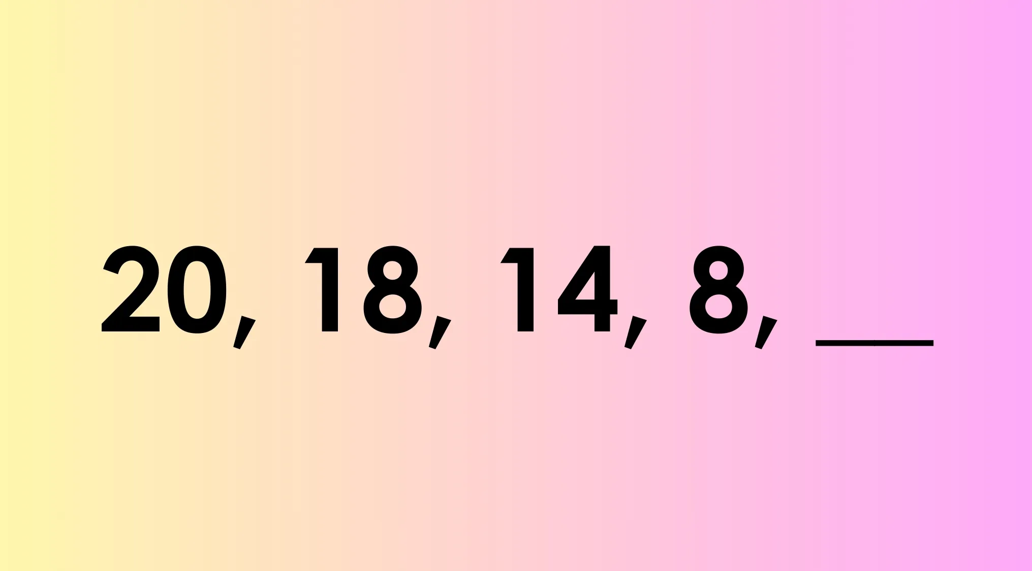 Number sequence puzzle image for UK 11 plus school test showing 20, 18, 14, 8, with a blank to continue the sequence.