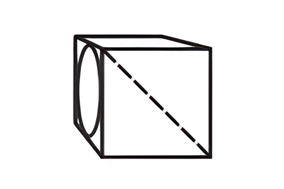 Cube with diagonal dashed line and oval shape on adjacent face, illustrating pattern in cube matrix puzzle.