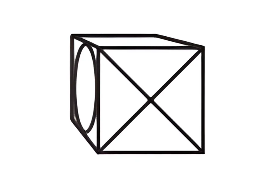 Wireframe cube with geometric patterns, featuring an oval shape on one side and intersecting diagonal lines.