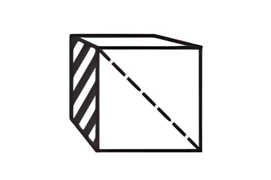 Cube with diagonal dashed line and striped side panel illustrating pattern in cube matrix completion.