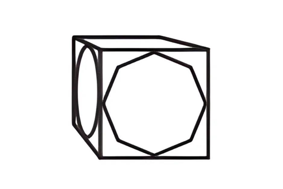 Wireframe cube showing a hexagon on one face and an ellipse on the adjacent face in a pattern puzzle matrix.