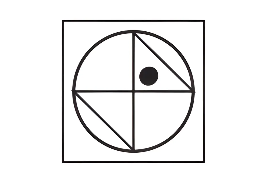 Large square with a circle divided by lines and a small filled circle inside, part of a spatial reasoning puzzle.