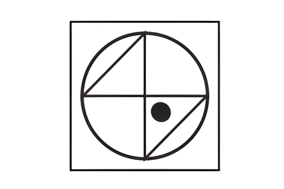 Large square with a circle inside, divided by lines, showing a smaller filled circle correctly positioned within the shape.