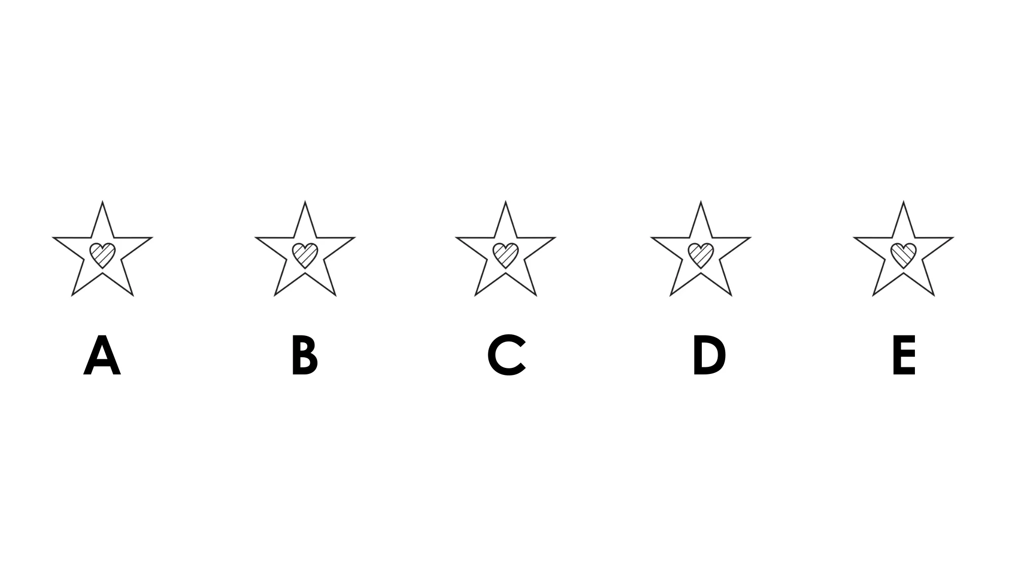 Five star-shaped figures labeled A to E in a UK 11 plus school test identifying the most different figure.