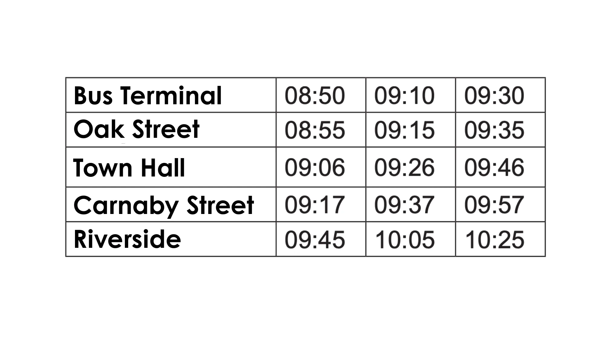 Bus timetable showing Oak Street departures after 9:00 am and arrival times at Riverside for UK 11 plus school test.