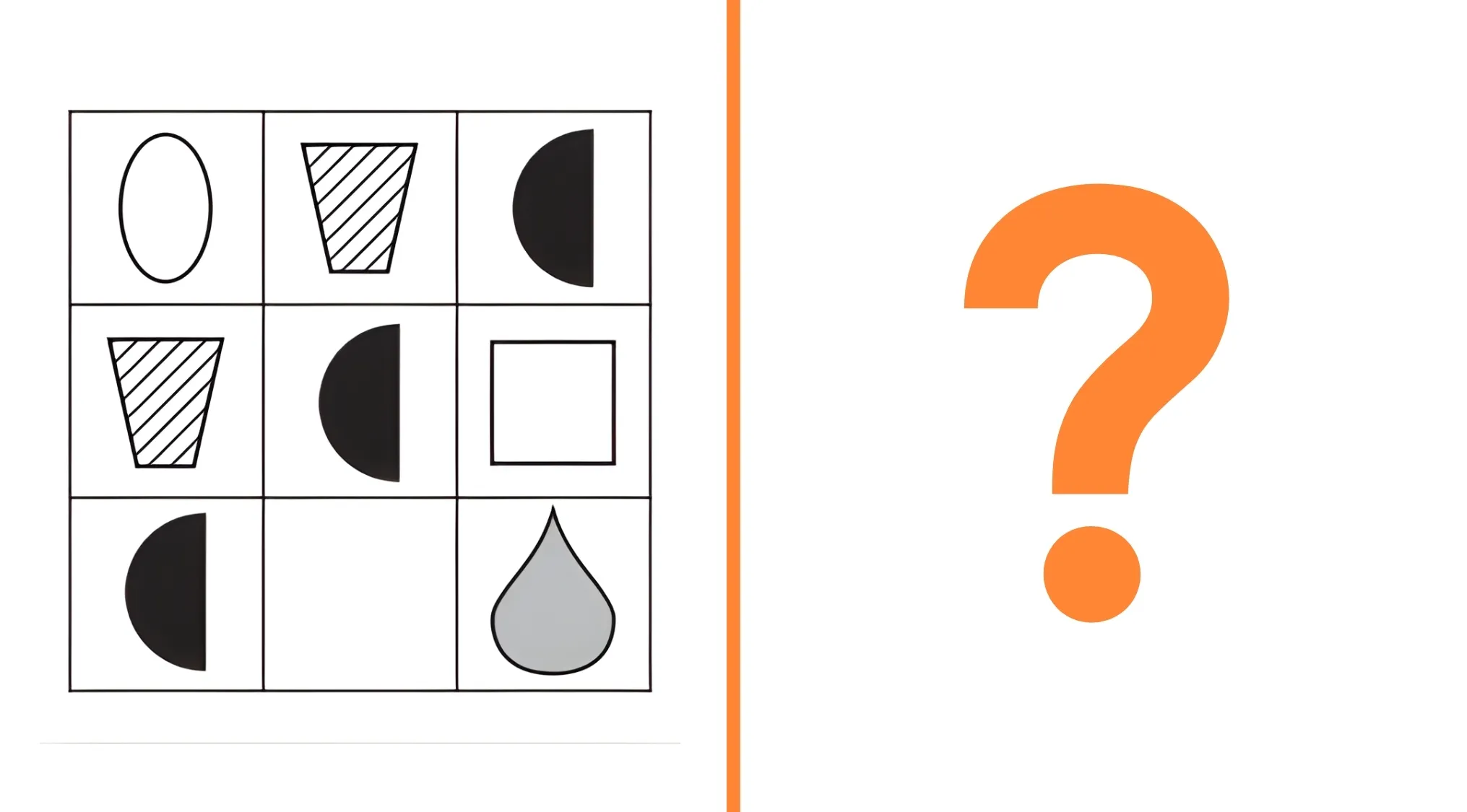 Visual UK 11 plus school test puzzle showing large squares with small shapes to choose the correct right option to fill space.