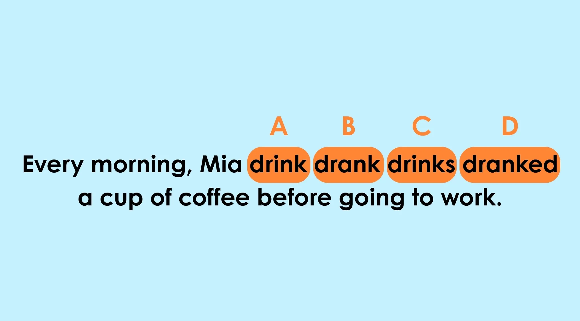 A UK 11+ school test question showing multiple choice options to complete a phrase about drinking coffee.