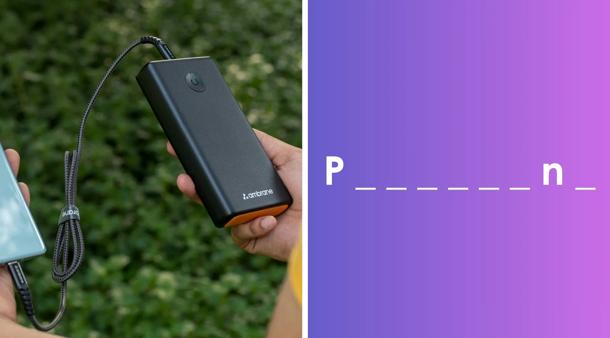 Portable power bank charging a smartphone outdoors with a purple background showing a partially filled word puzzle.