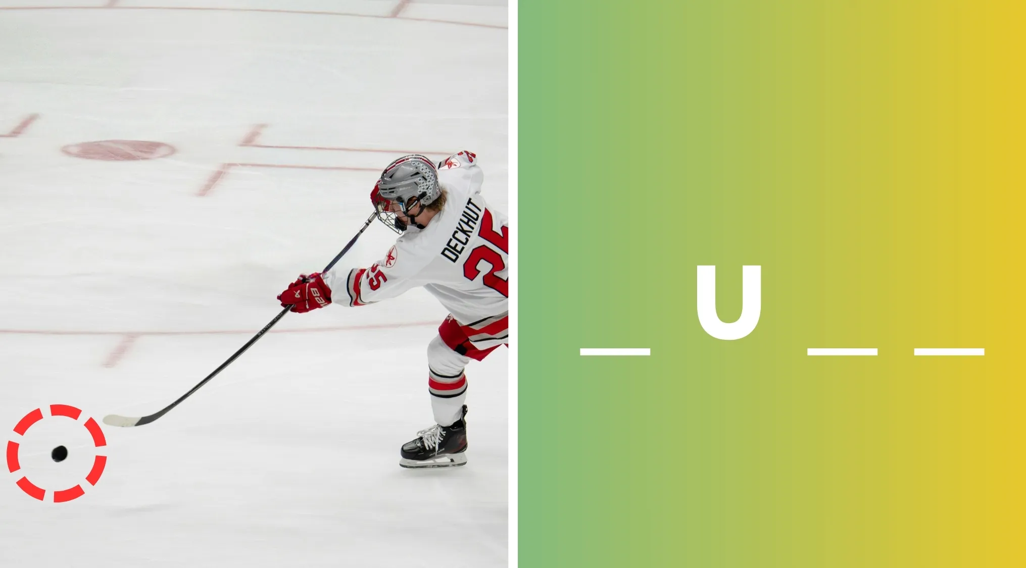 Hockey player shooting puck with a hockey stick on ice rink showing common sports equipment name quiz