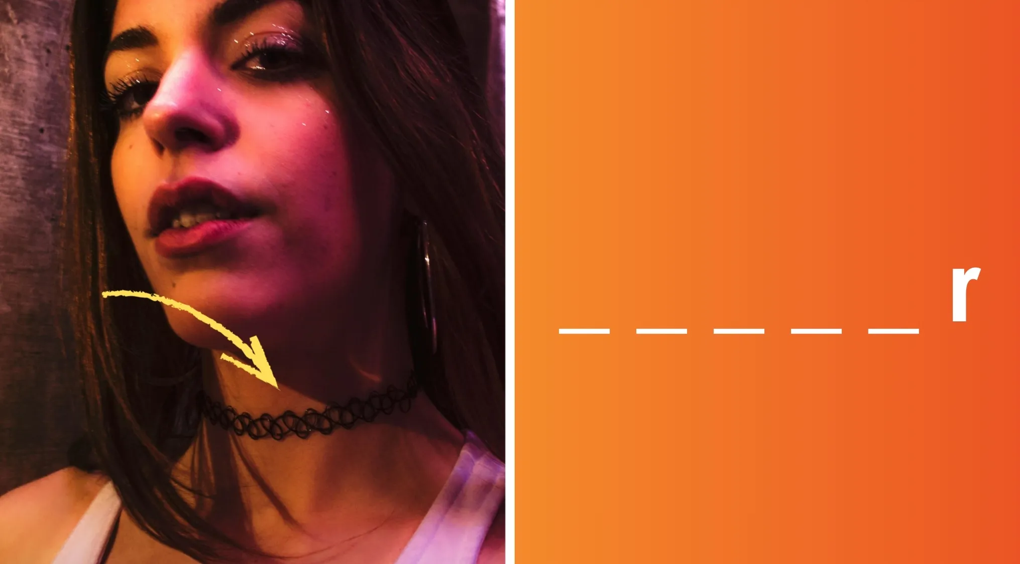 Young woman wearing a black tattoo choker necklace, highlighting this fashion accessory with a yellow arrow.
