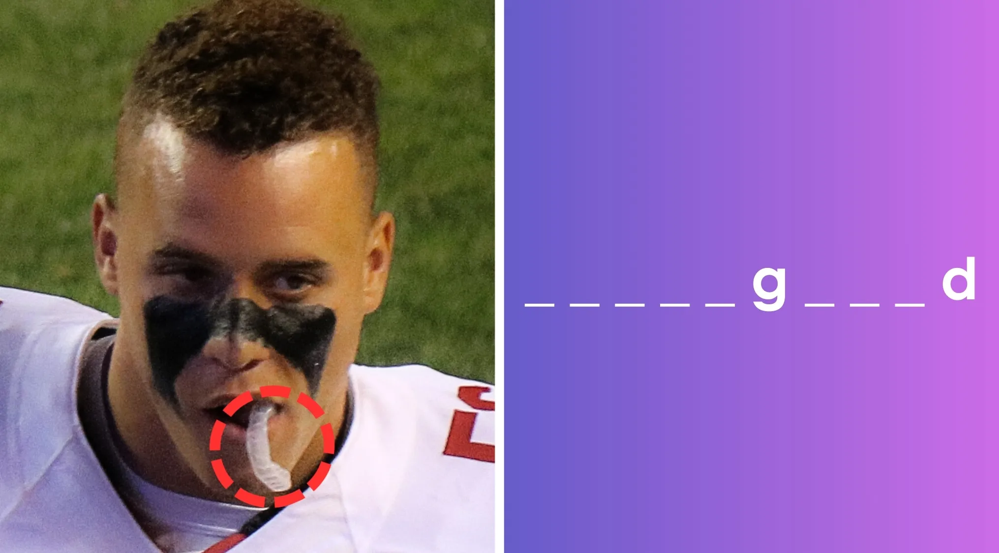 Athlete wearing a clear mouthguard in his mouth during a sports game with word puzzle on the right side.