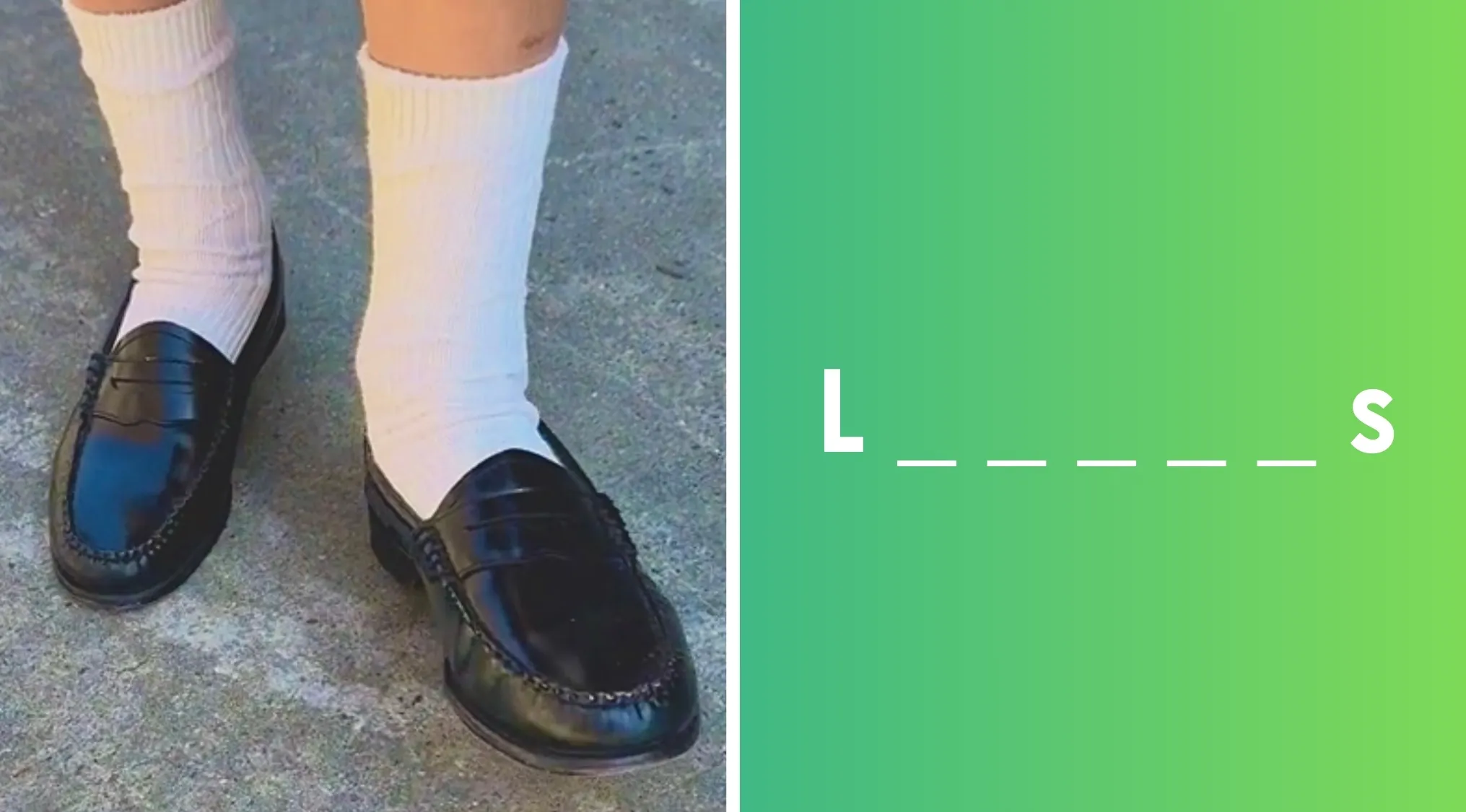 Black leather loafers worn with white socks on concrete ground, showing the shoe type name clue.
