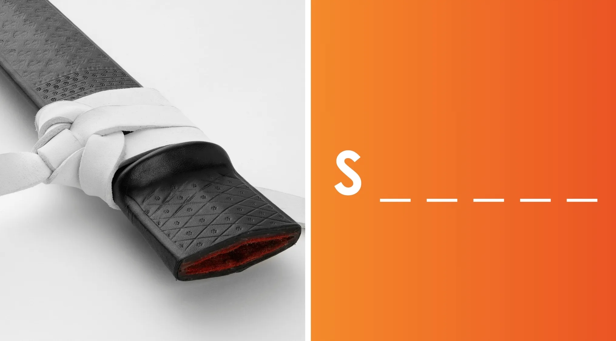Close-up of a black handle wrapped with white straps, asking what do you call this thing with letter S.