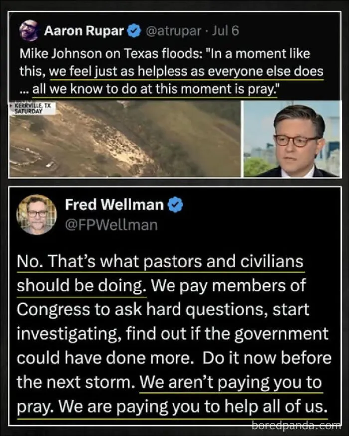 Tweets highlighting urgent calls to action and critiques of responses during Texas floods in straight to the point posts.
