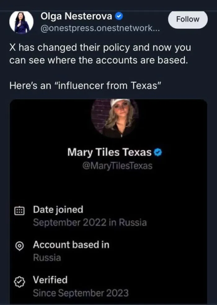 Screenshot showing social media account location revealing influencer from Texas is actually based in Russia, calling out the world we live in.