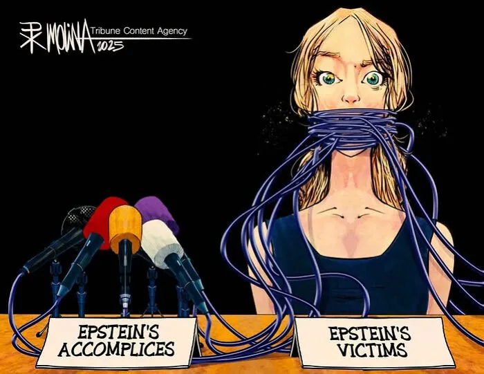 Illustration showing Epstein's victims silenced by wires connected to microphones labeled Epstein's accomplices, highlighting social critique.