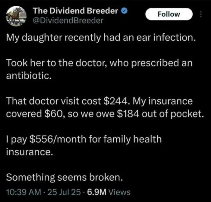 Tweet about high family health insurance costs and out-of-pocket expenses highlighting broken system issues in today's world.