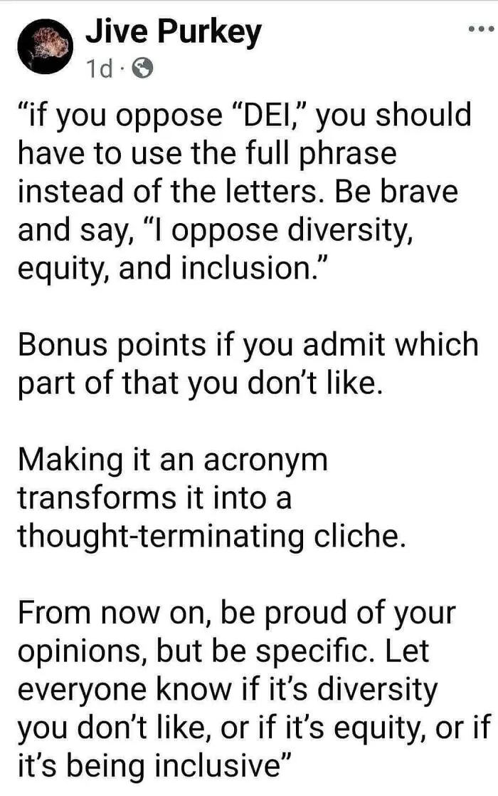 Social media post criticizing DEI acronyms and encouraging clear opinions on diversity, equity, and inclusion topics.