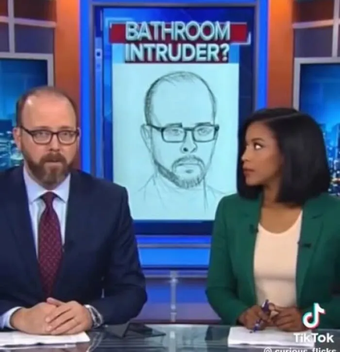 Two news anchors discussing a segment with a sketch of a man about bathroom intruder issues in modern world posts.