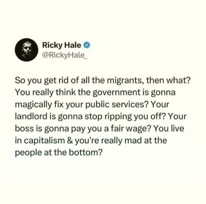 Ricky Hale's tweet calling out capitalism and societal issues in straight to the point posts about the world today.