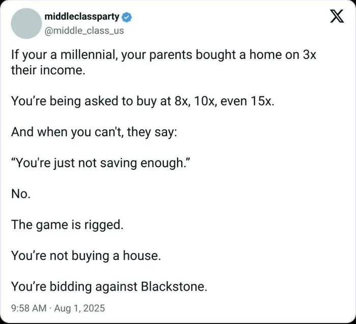 Tweet from middleclassparty calling out housing market challenges for millennials in the world we're living in.
