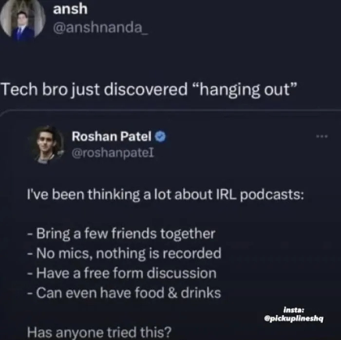 Screenshot of a social media post discussing IRL podcasts and casual hanging out, highlighting straight to the point posts.