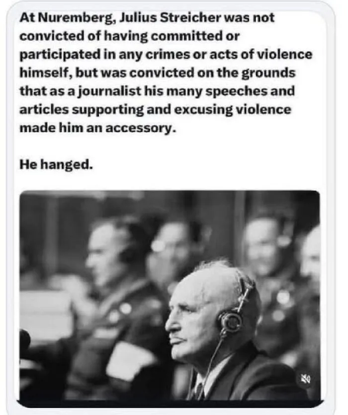 Black and white image of Julius Streicher at Nuremberg trial, illustrating a straight to the point post calling out the world.