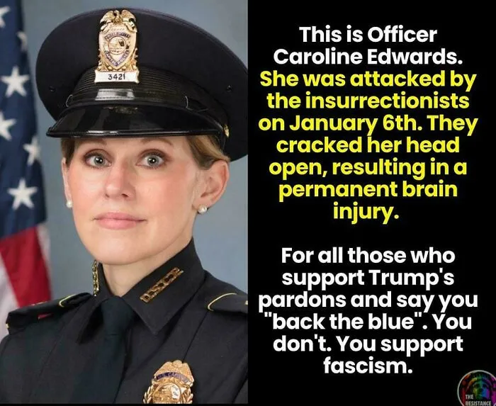 Police officer Caroline Edwards with text about her injury during January 6 attack, highlighting posts that call out the world.