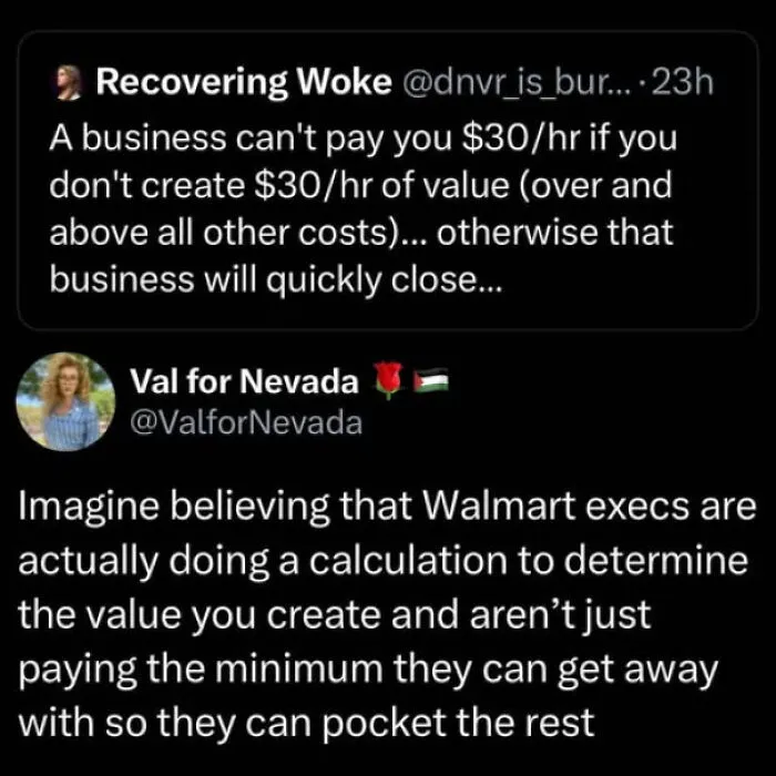 Social media posts highlighting straight to the point critiques of today's economic value and business pay practices.