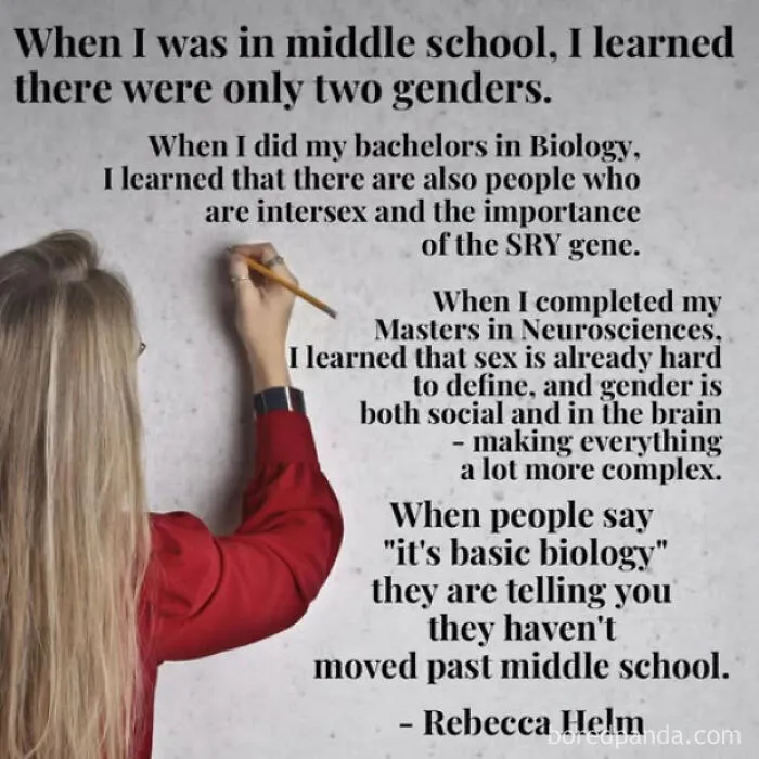 Woman in red writing on wall about gender complexity and biology illustrating straight to the point posts calling out the world.