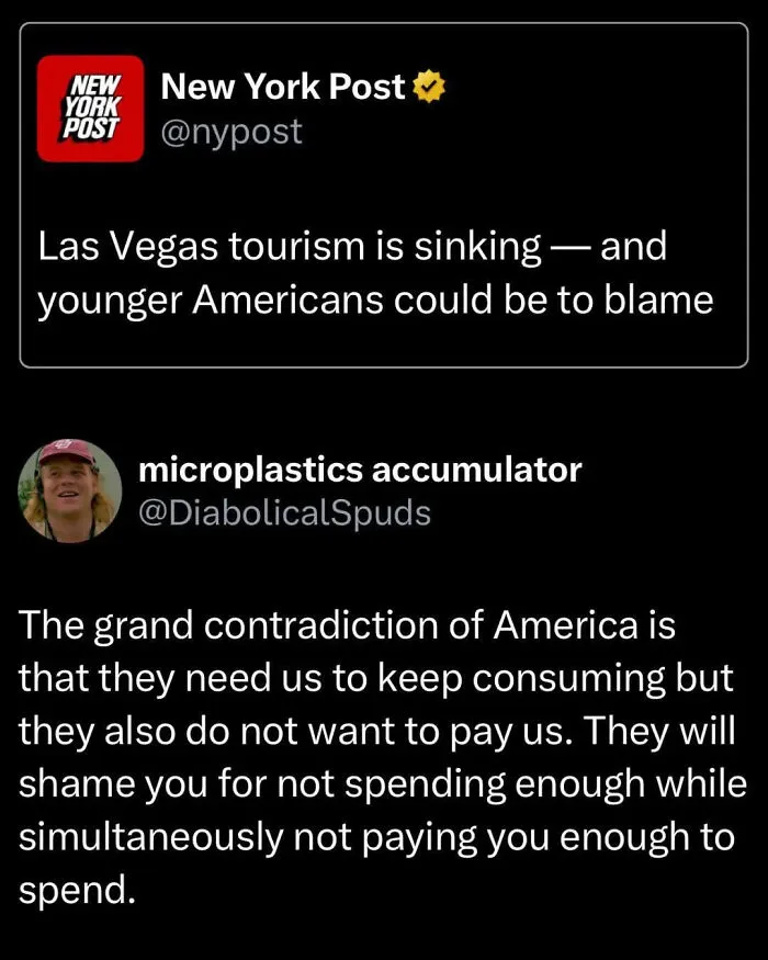 Twitter post discussing the contradiction in America about consumption and insufficient pay, reflecting straight to the point posts.
