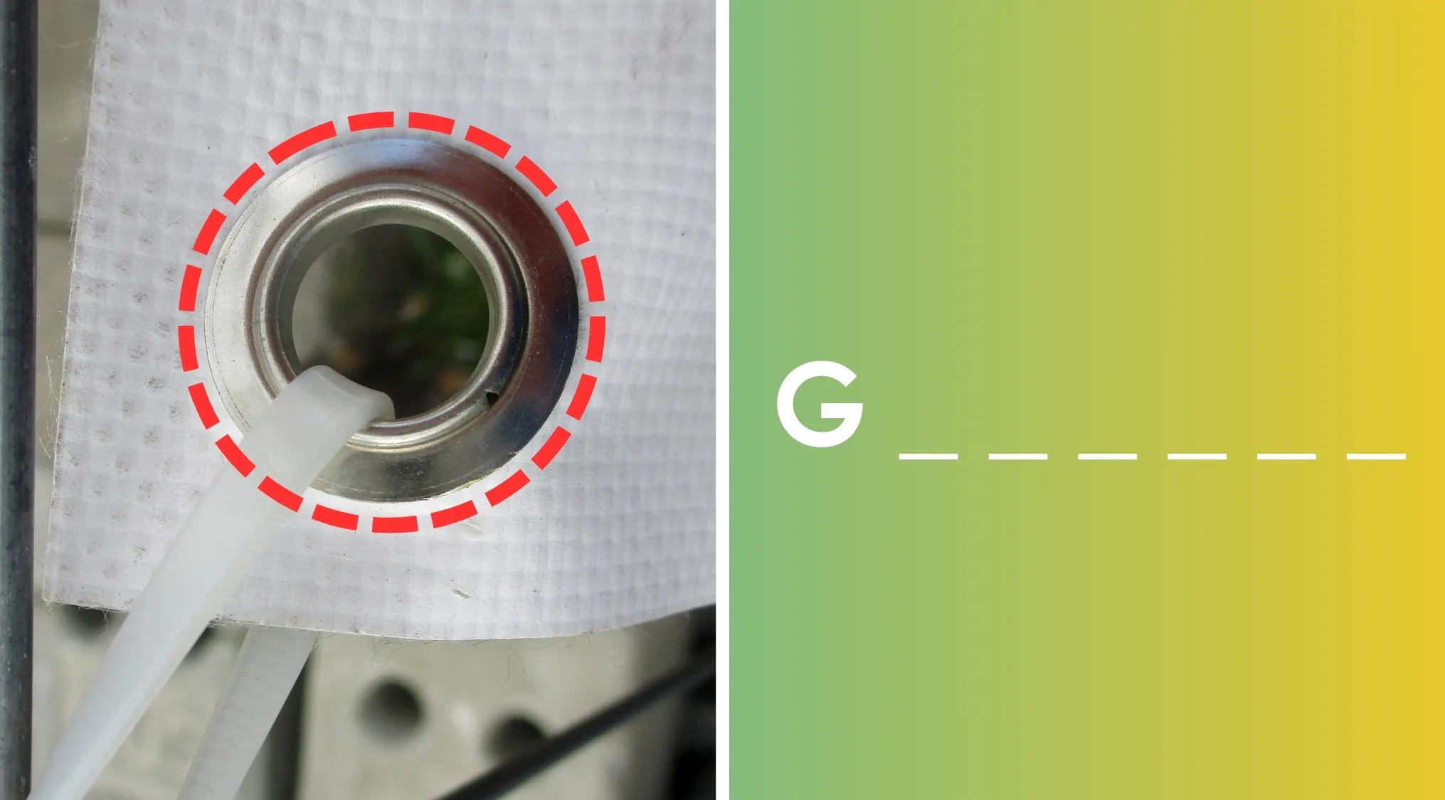 Close-up of a metal grommet insert on a fabric with a plastic zip tie threaded through it.
